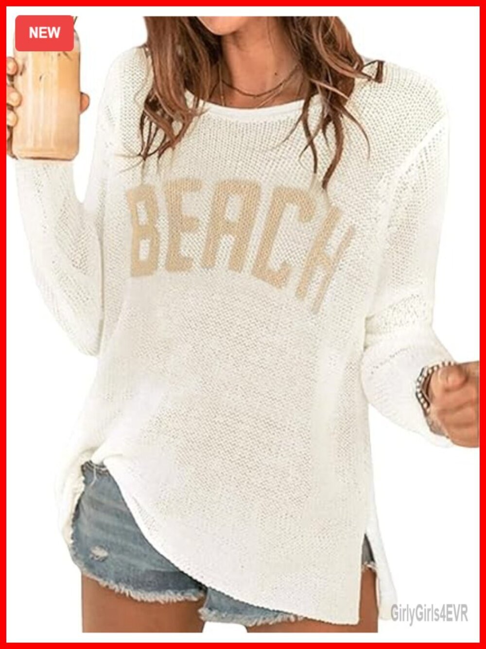 Women's Letter Print Long Sleeve Crochet Cover Up Sweater Top Pullover